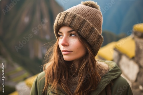 Photography in the style of pensive portraiture of a happy girl in her 20s wearing a warm trapper hat at the machu picchu in cusco region peru. With generative AI technology photo