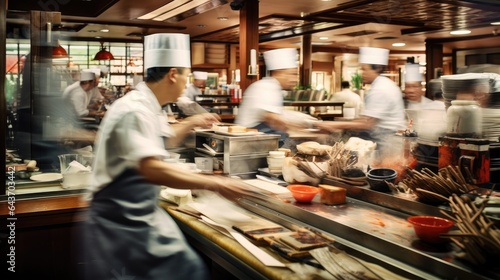 Busy Japanese restaurant. staff in motion. hand edited,generative AI
