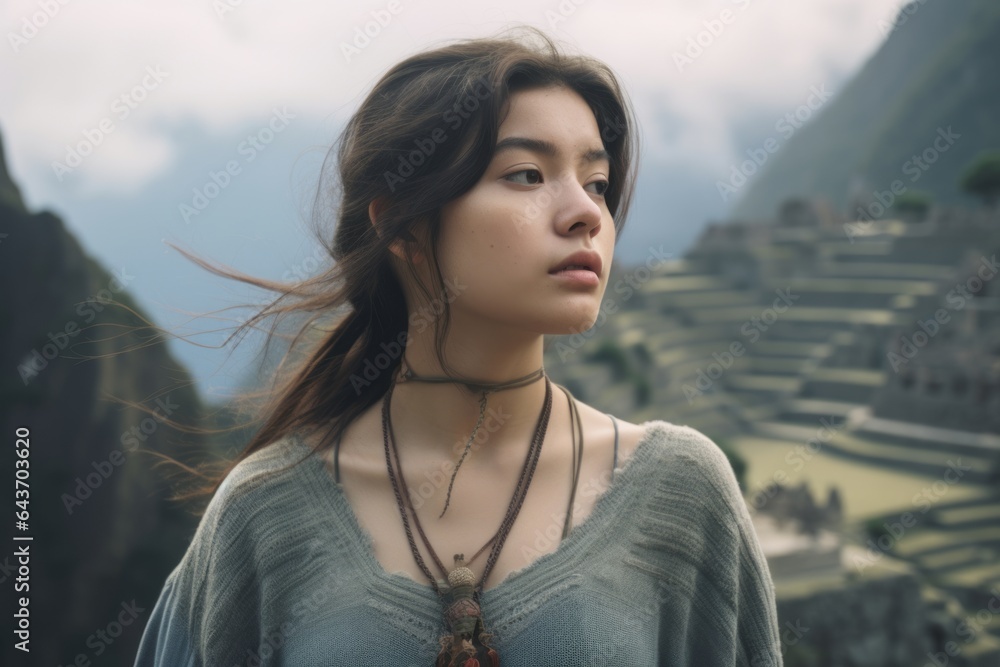 Environmental portrait photography of a tender girl in his 20s wearing a delicate lace choker at the machu picchu in cusco region peru. With generative AI technology - obrazy, fototapety, plakaty 