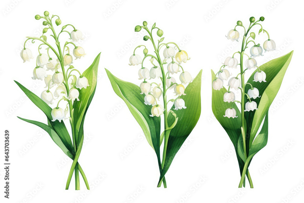 Watercolor image of a set of lily-of-the-valley flowers on a white background
