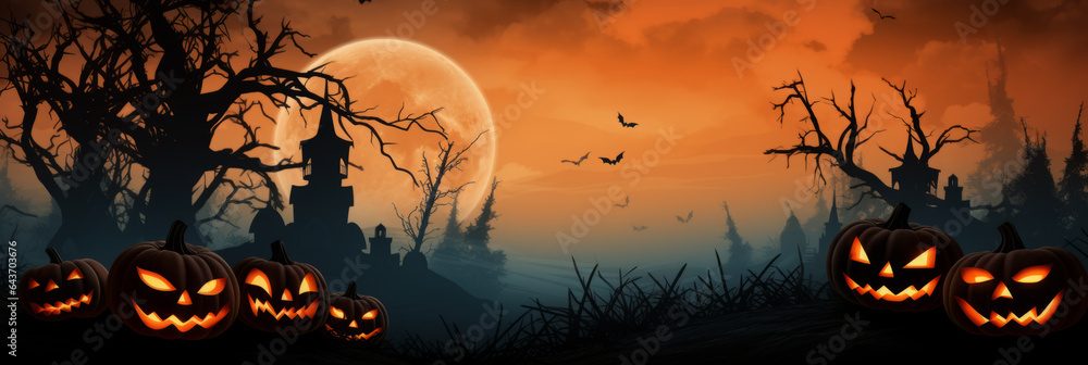 pumpkins on black orange horror halloween background. banner