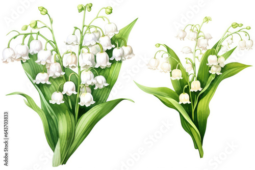 Watercolor image of a set of lily-of-the-valley flowers on a white background photo