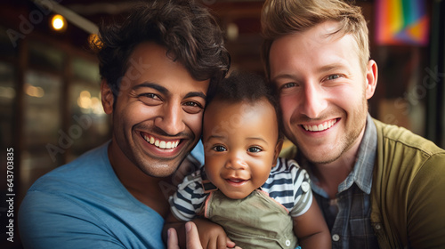Portrait of happy Gay male parents with little adopted child. lgbt couples and adoption problems by same-sex couples of children concept.