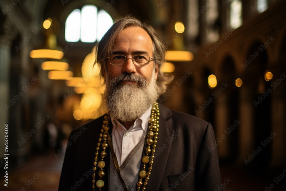 Medium shot portrait photography of a content mature man wearing a whimsical charm necklace at the hagia sophia in istanbul turkey. With generative AI technology Medium shot portrait photography of a content mature man wearing a whimsical charm necklace at the hagia sophia in istanbul turkey. With generative AI technology