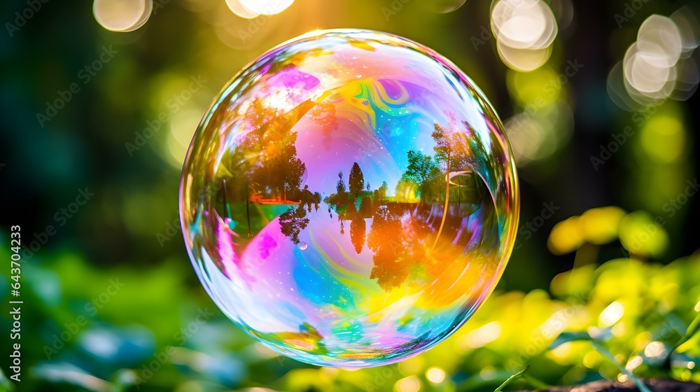 Close up of a colorful Soap Bubble reflecting the natural Environment. Blurred Background Close up of a colorful Soap Bubble reflecting the natural Environment. Blurred Background