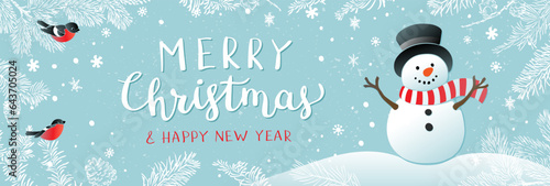 Winter holidays or Christmas background with snowman and snowflakes. Winter horizontal banner design.