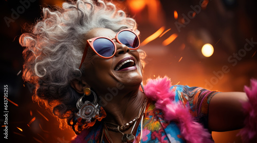 Nice granny dancing Positive energy with sunglasses at the disco. A funny elderly woman Enjoying Party Music. Generative AI