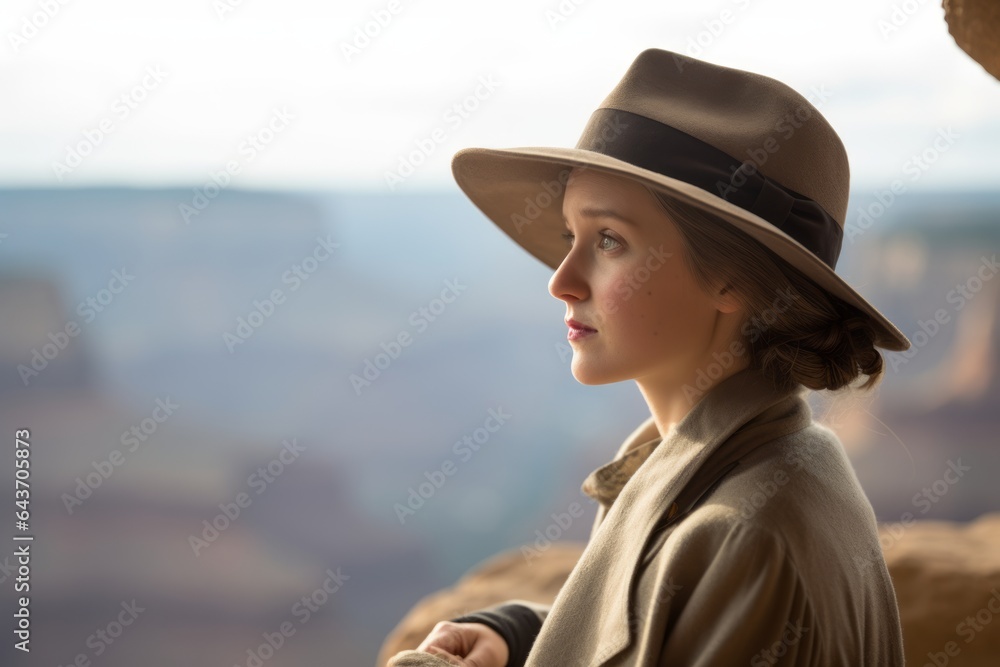 Photography in the style of pensive portraiture of a content girl in his 30s wearing a charming cloche hat at the grand canyon in arizona usa. With generative AI technology