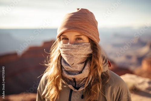 Medium shot portrait photography of a grinning girl in her 20s wearing a protective neck gaiter at the grand canyon in arizona usa. With generative AI technology photo