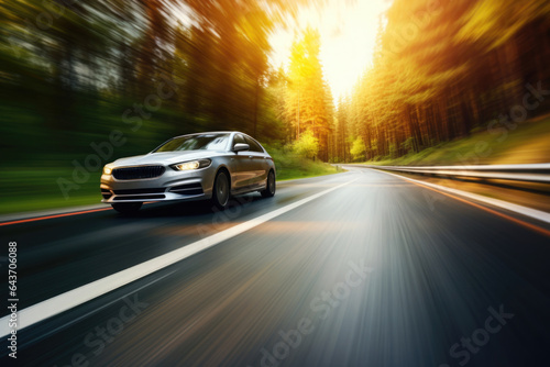 Car is driving on country road with motion blur effect. Modern car is moving at high speed in natural landscape