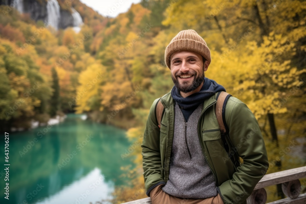 Photography in the style of pensive portraiture of a grinning boy in his 30s wearing a stylish beret at the plitvice lakes national park croatia. With generative AI technology