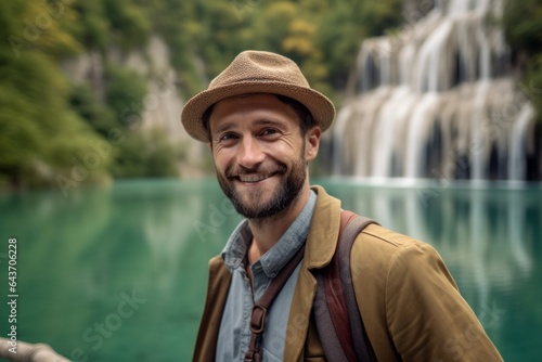 Photography in the style of pensive portraiture of a grinning boy in his 30s wearing a stylish beret at the plitvice lakes national park croatia. With generative AI technology