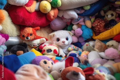 pile of colorful plush toys with a ferret peeking out