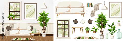 Scandinavian room interior with a window, a white sofa, a big ficus tree, and a painting. Modern living room interior design. Furniture set. Interior constructor. Cartoon vector illustration