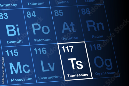 Tennessine on periodic table of elements. Extremely radioactive, superheavy, synthetic transactinide element. Symbol Ts, atomic number 117, named after Tennessee, a state of the United States. Vector.