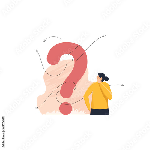 Confused business women with question mark, young adult looking for right career path, work direction