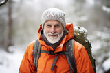 portrait of man in his 60s hiking in winter, ai generated