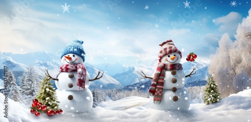 Two snowmen standing side by side in a winter wonderland © pham