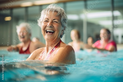 Smiling senior women enjoying aqua fit class, joy and camaraderie, living a healthy, retired lifestyle