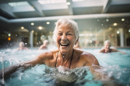 Smiling senior women enjoying aqua fit class, joy and camaraderie, living a healthy, retired lifestyle © Thomas Holmes
