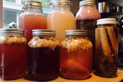 fermenting kombucha in various stages of growth