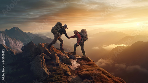 Hiker helping friend reach the mountain top. Help or teamwork concept. Generative Ai