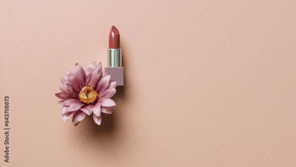 Composition of mauve lipstick and flowers for advertising cosmetic products, soft gradient background - obrazy, fototapety, plakaty 