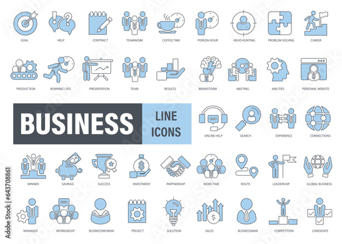 Business people and management outline icon set. Flat vector illustration