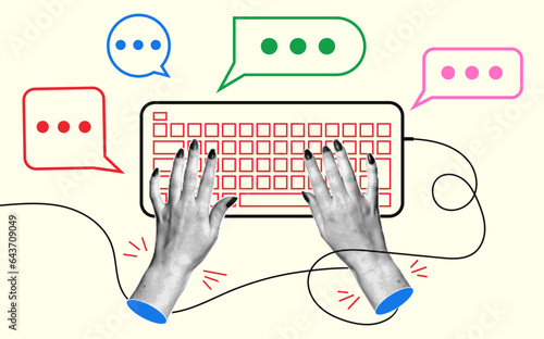 Hands are typing on the keyboard. View from above. Retro collage with halftone effect. Vector illustration in 90s style.
