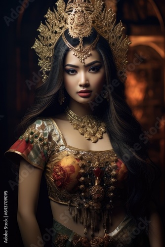 Beautiful Asian Girl Dressed in Apsara Costume, Represents Cambodia's Culture and Identity in Dramatic Background