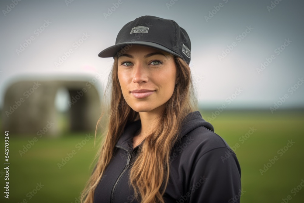 Studio portrait photography of a satisfied girl in her 30s wearing a casual baseball cap at the stonehenge in wiltshire england. With generative AI technology Studio portrait photography of a satisfied girl in her 30s wearing a casual baseball cap at the stonehenge in wiltshire england. With generative AI technology