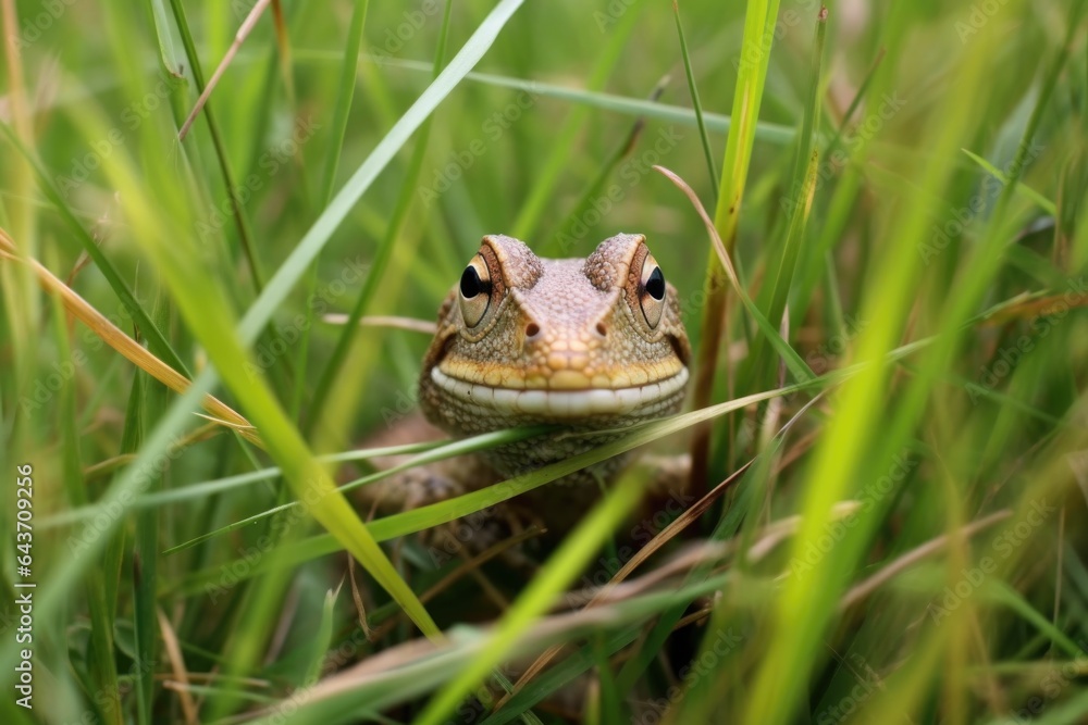 Fototapeta premium lizard with a grasshopper in its mouth, camouflaged in tall grass