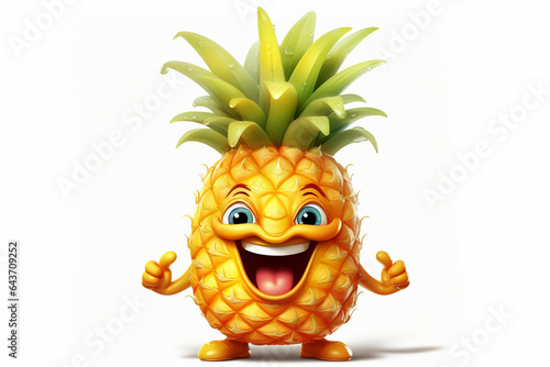 3d illustration of pineapple cartoon character with happy expression on white background. ‍ai generated