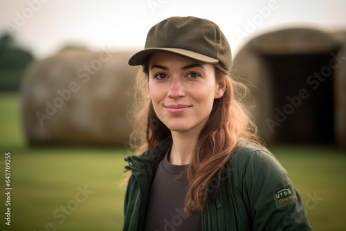Studio portrait photography of a satisfied girl in her 30s wearing a casual baseball cap at the stonehenge in wiltshire england. With generative AI technology © Markus Schröder