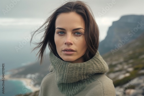 Photography in the style of pensive portraiture of a content girl in her 30s wearing a thermal merino wool top at the table mountain in cape town south africa. With generative AI technology