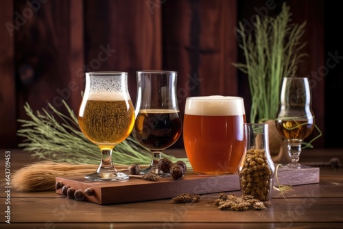close-up of assorted beer glasses on rustic wooden table