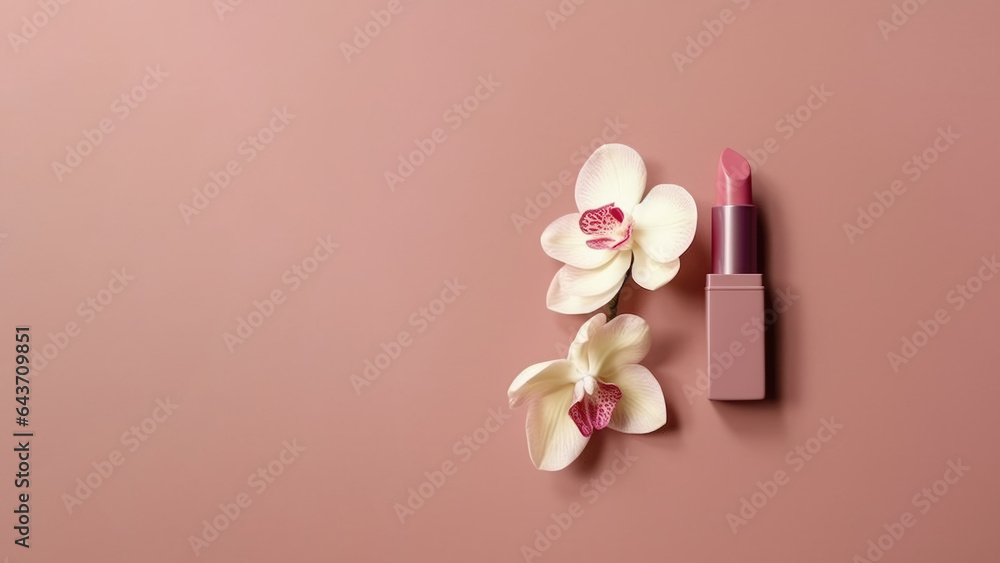 Composition of warm brick lipstick and flowers to advertise cosmetic products, soft gradient background Composition of warm brick lipstick and flowers to advertise cosmetic products, soft gradient background