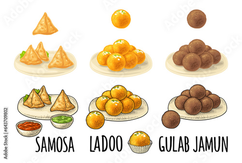 Indian traditional food with sauces in bowl. Vector color engraving
