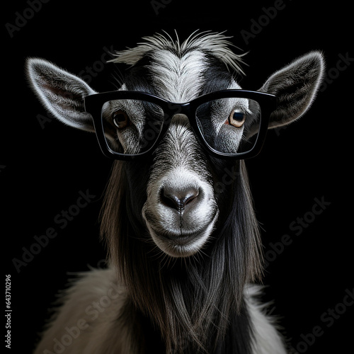 Portrait of a goat with glasses on a black background. Studio shot. ai generated photo