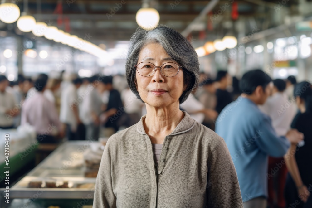 Environmental portrait photography of a blissful mature woman wearing a delicate silk blouse at the tsukiji fish market in tokyo japan. With generative AI technology Environmental portrait photography of a blissful mature woman wearing a delicate silk blouse at the tsukiji fish market in tokyo japan. With generative AI technology