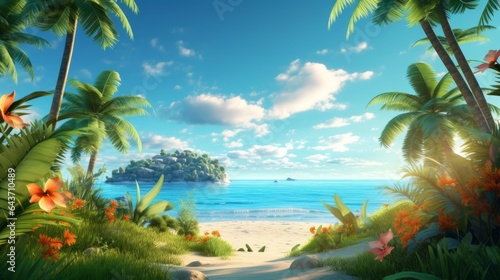 Tropical beach with palm trees and flowers. 3d render