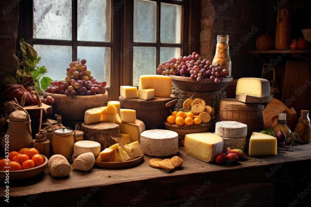 assortment of finished cheeses on a rustic table