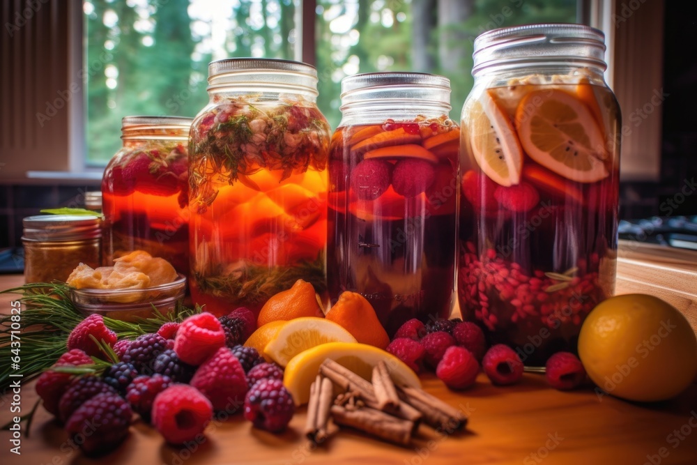 kombucha tea brewing with colorful fruit infusions kombucha tea brewing with colorful fruit infusions