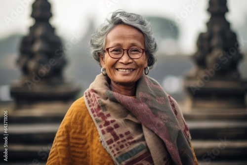 Medium shot portrait photography of a joyful mature woman wearing a warm wool sweater at the borobudur temple in magelang indonesia. With generative AI technology