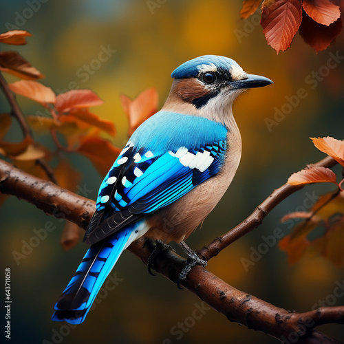 Blue jay bird sitting on a branch in the autumn forest. ai generated photo