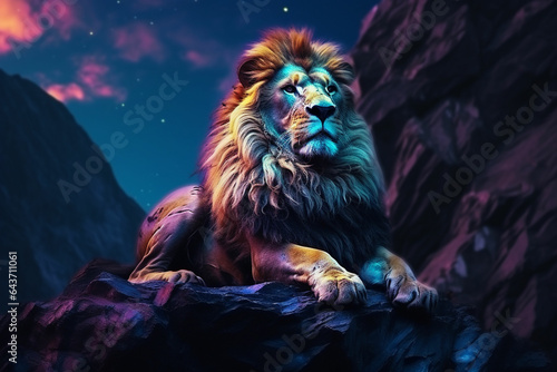 Lion on the rock. Fantasy background. 3D illustration. ai generated photo