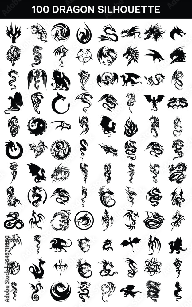 Obraz premium Dragon Symbol Silhouette Vector Illustration Clip Art Magic Animal Design Black Vector.