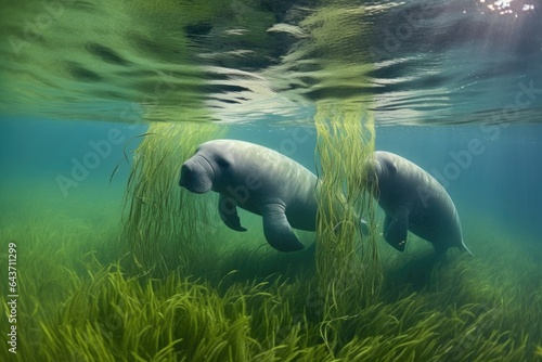 underwater shot of manatees flipper stirring up seagrass