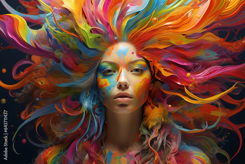 Portrait of a beautiful young woman with bright make-up and creative body painting. ai generated
