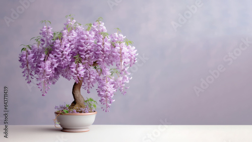 Traditional bonsai miniature purple wisteria flower plant blooming in a ceramic pot  soft gradient blur background.